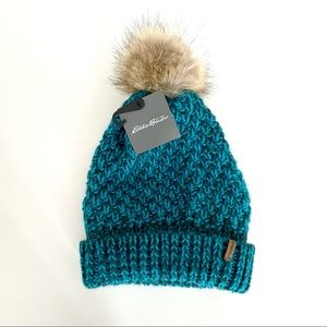 Eddie Bauer Cabin Faux Fur Pom Beanie in Meridian Blue